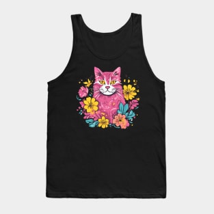 Pretty Pink Feline Floral Tank Top